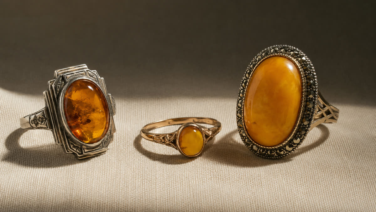 Drei antike Bernsteinringe auf cremefarbenem Leinen: links Art-Deco-Silberring 925 mit ovalem honig-cognac Cabochon in gestaffelter Lünette, Mitte schlanker Vintage-Goldring (585) mit kleinem butterscotch-Cabochon, rechts Cocktailring 1930er mit großem flachem Bernstein-Tafel umrahmt von Markasiten in Silberfassung