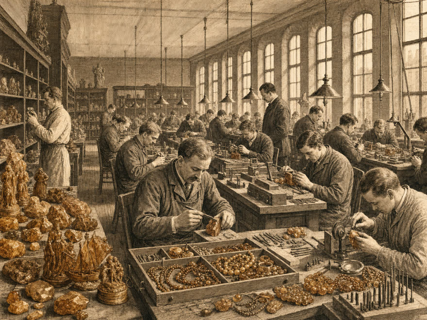 Werkstatthalle der Staatlichen Bernstein-Manufaktur Königsberg, Bernsteinverarbeitung um 1930, digitale Illustration im Kupferstich-Stil