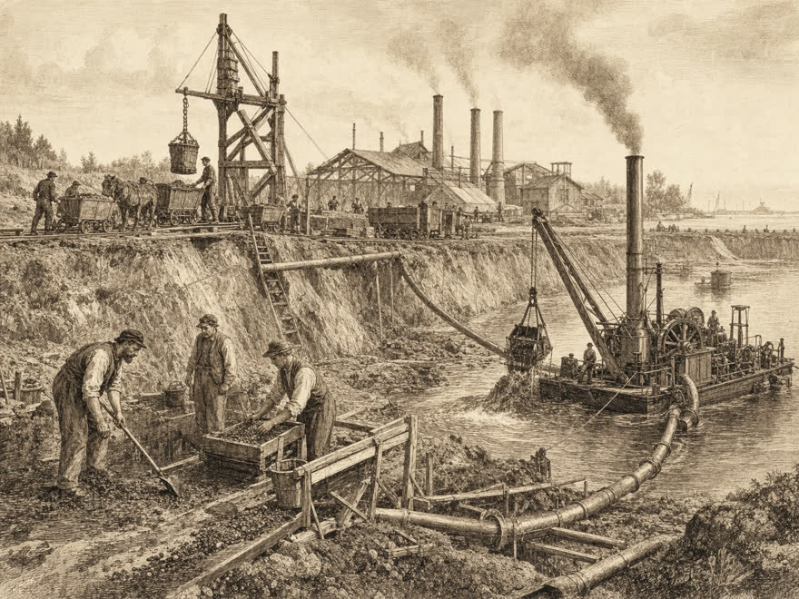 Stantien & Becker: dampfbetriebener Bernsteinabbau der Blauen Erde bei Palmnicken, um 1880, digitale Illustration im Kupferstich-Stil