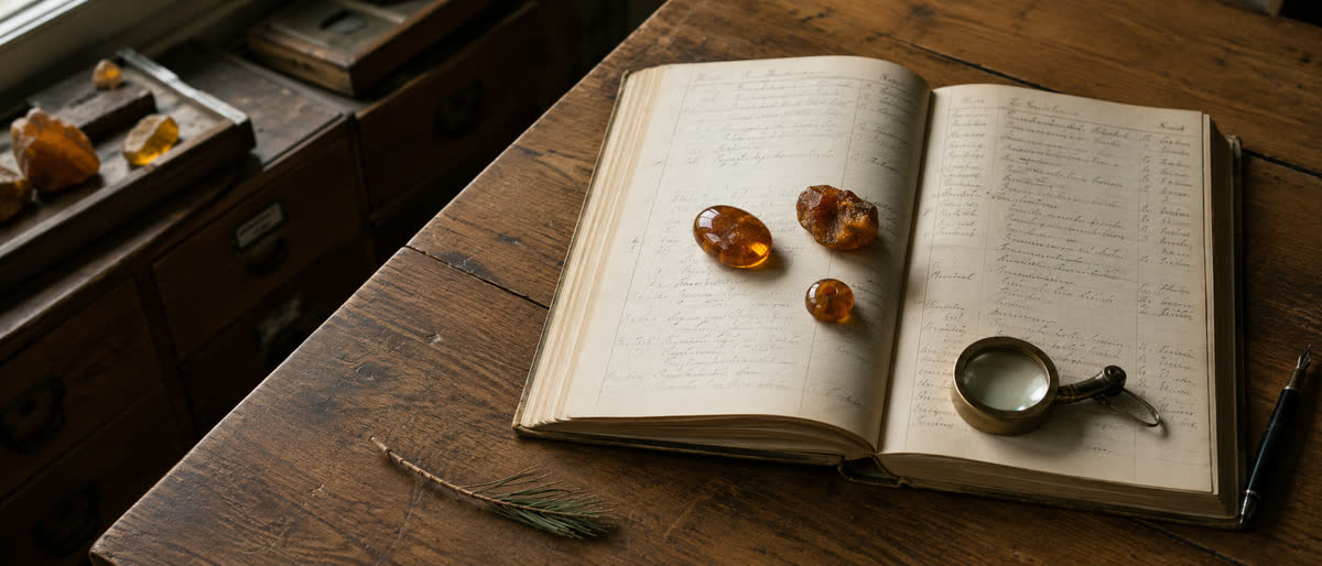 Werkstatt-Schreibtisch mit handschriftlich geführtem Archivbuch, drei Bernsteinstücke, antiker Loupe und einer dünnen Pinien-Nadel — rheinische Beratungspraxis