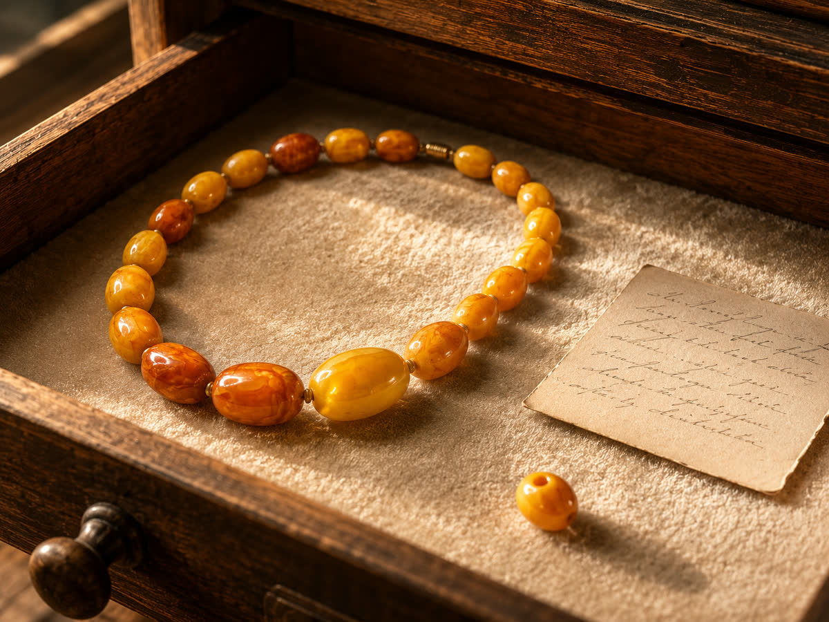 Detail einer Sammler-Vitrinen-Schublade — auf cremefarbenem Velours eine antike SBM-Olivenkette in butterscotch-/cognac-Schlieren, daneben eine lose Einzelperle und eine handgeschriebene Museumskarte