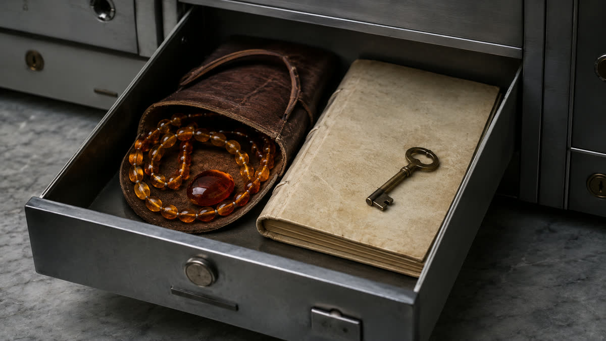 Geöffnetes Bank-Schließfach mit Lederbeutel, der eine antike Bernsteinkette zeigt, daneben ein gebundenes Pergament-Dokument und ein antiker Messing-Schlüssel, kühle Bank-Atmosphäre