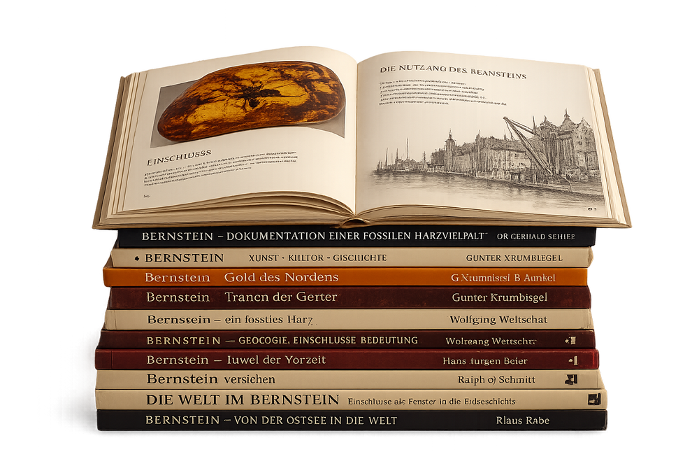 Stapel deutschsprachiger Bernstein-Fachliteratur, aufgeschlagene Doppelseite mit Inkluse-Foto und Holzschnitt der Königsberger Bernsteinverarbeitung, darunter Standardwerke von Krumbiegel, Weitschat, Wichard und Rabe zu baltischem Bernstein, freigestellt