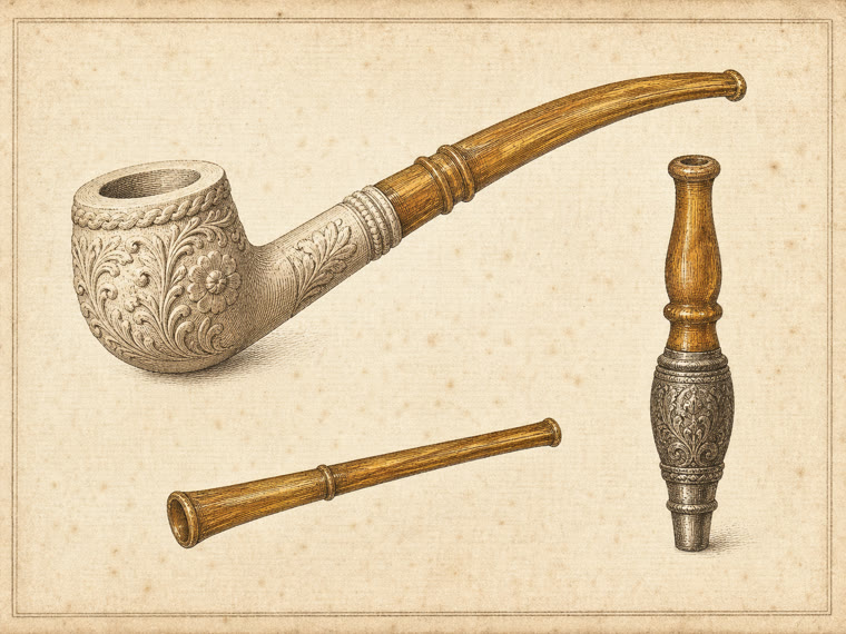 Stich-Tafel antiker Bernstein-Rauchutensilien: Meerschaumpfeife mit Bernsteinmundstück, schlanke Bernstein-Zigarettenspitze und ein osmanisches Tschibuk-Mundstück mit Silberfassung
